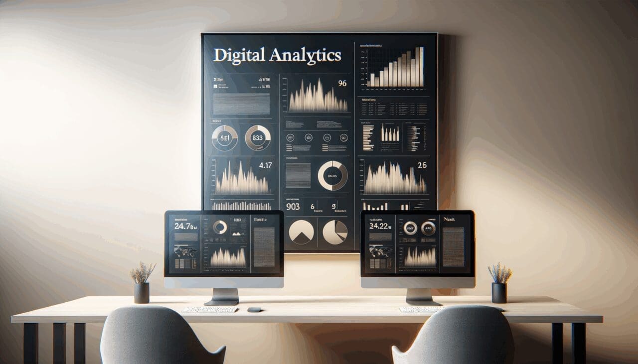 Pantallas de ordenador con analíticas digitales en un espacio de trabajo moderno.