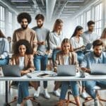 Espacio de oficina moderno con jóvenes emprendedores colaborando en laptops en un entorno tecnológico luminoso.