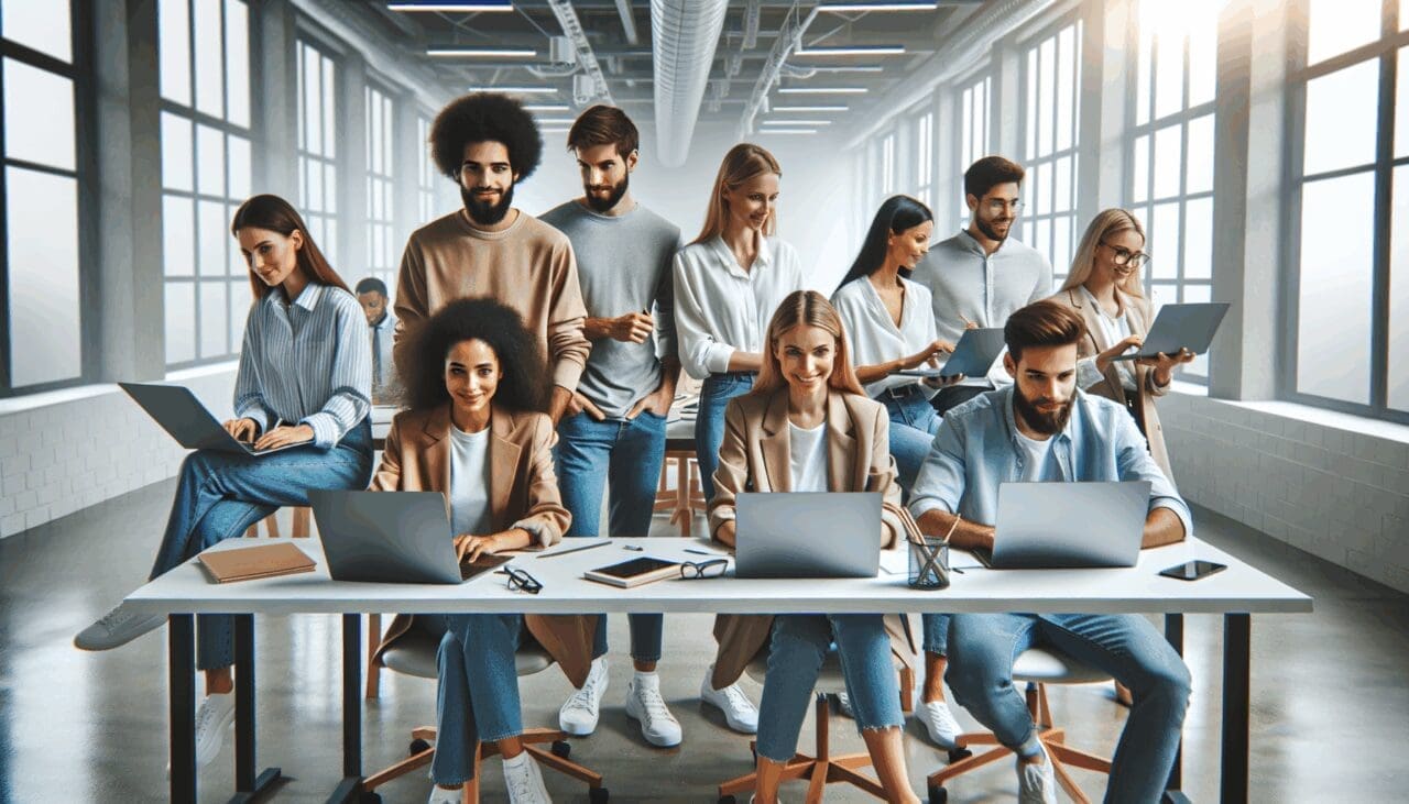Espacio de oficina moderno con jóvenes emprendedores colaborando en laptops en un entorno tecnológico luminoso.
