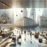 Vista moderna de Montevideo con edificios y espacios de coworking llenos de luz natural.