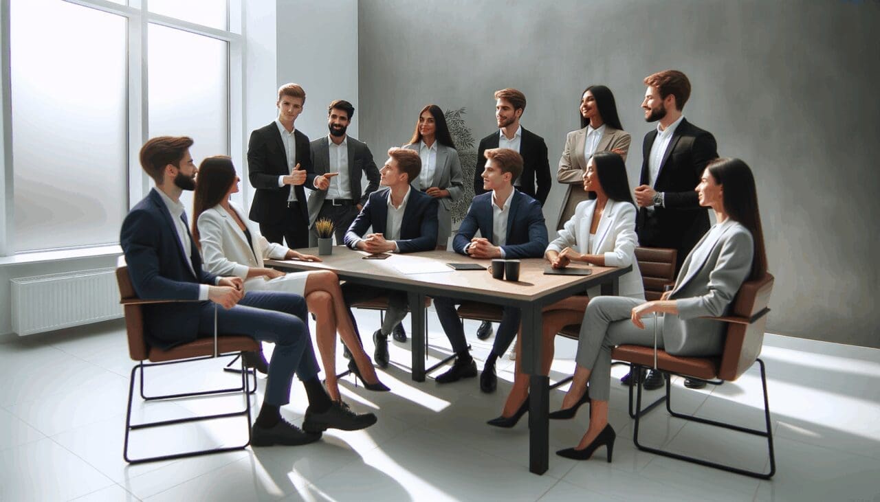 Jóvenes emprendedores en una reunión de trabajo en una oficina moderna.