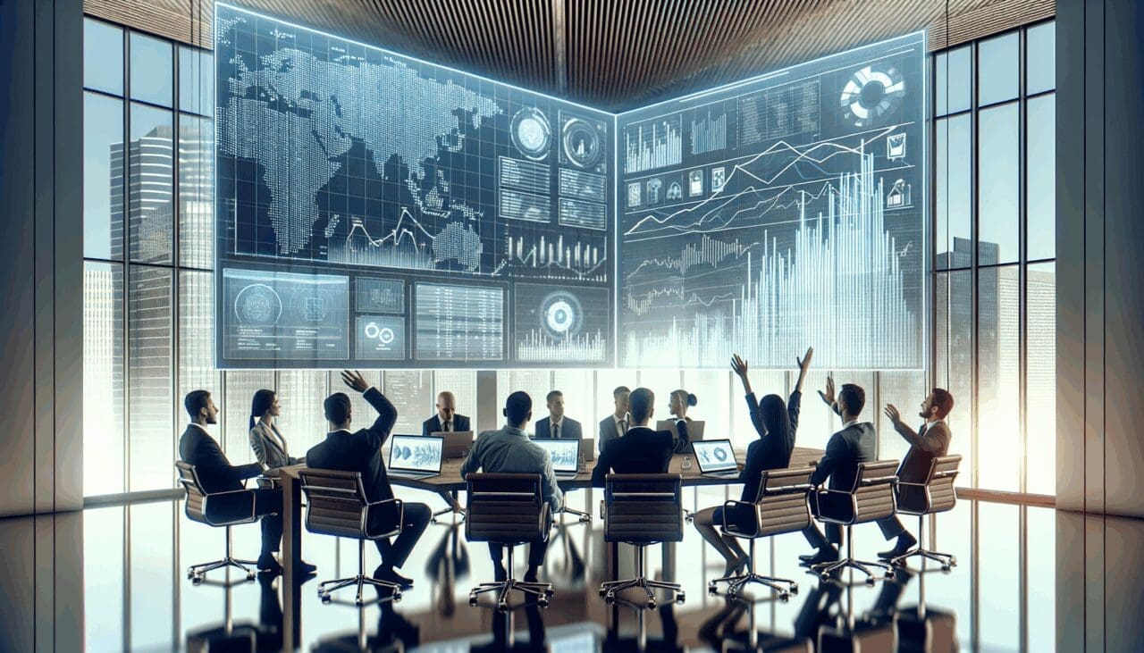Reunión de profesionales fintech en un entorno urbano moderno, laptops y gráficos financieros visibles.