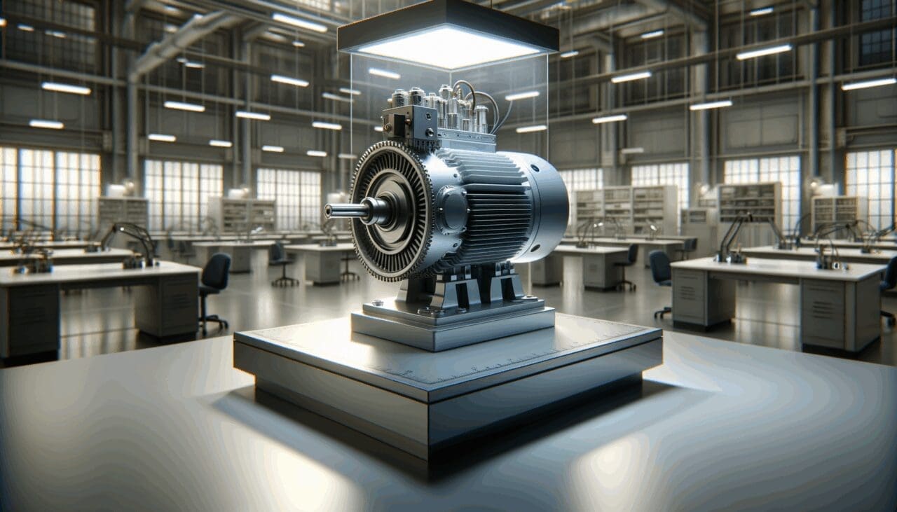 Motor eléctrico moderno expuesto sobre una mesa en un laboratorio tecnológico iluminado.