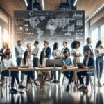 Equipo diverso de emprendedores colaborando frente a grandes pantallas con gráficos digitales en una oficina moderna.