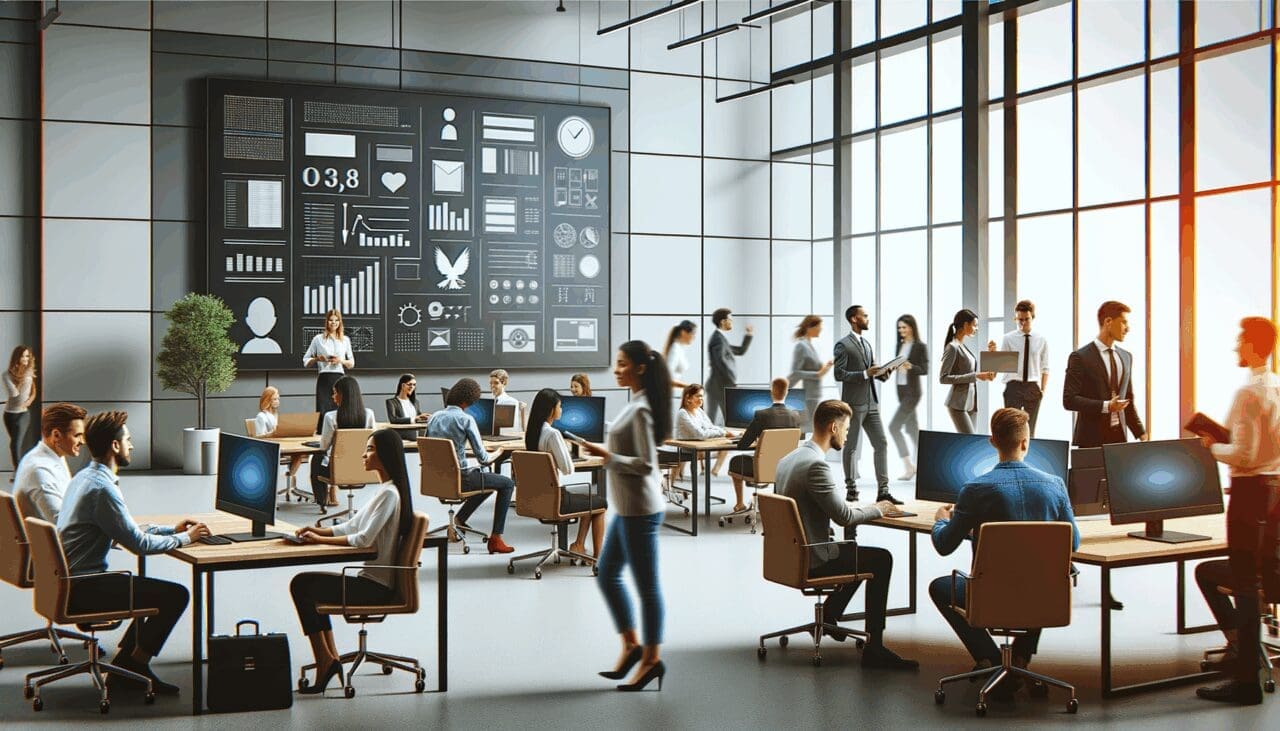 Grupo diverso de jóvenes profesionales trabajando en una oficina moderna con pantallas y pizarras digitales.