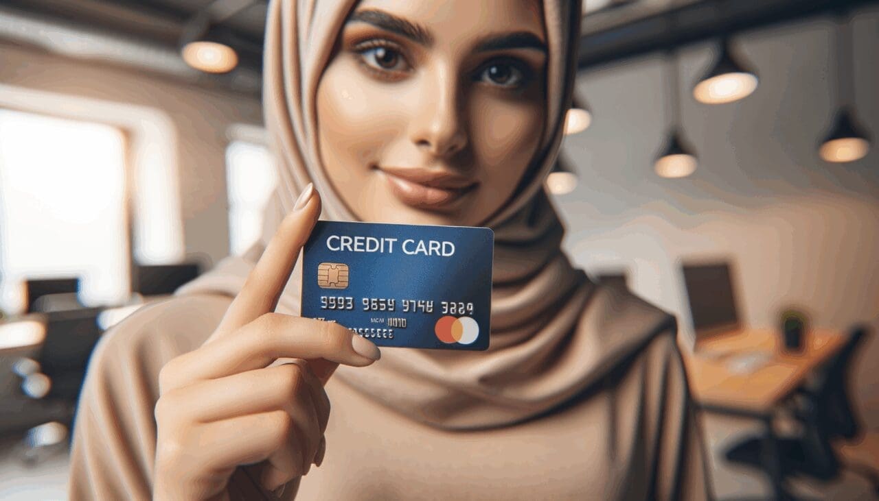 Primer plano de una joven usando una tarjeta de crédito digital en un espacio de coworking moderno.
