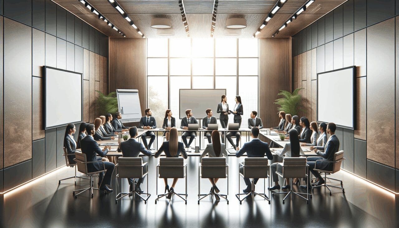 Reunión de negocios entre dos equipos diversos, con laptops y pizarras digitales en una oficina moderna.