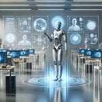 Concepto futurista de inteligencia artificial en una oficina latinoamericana, con equipos colaborando y pantallas digitales.