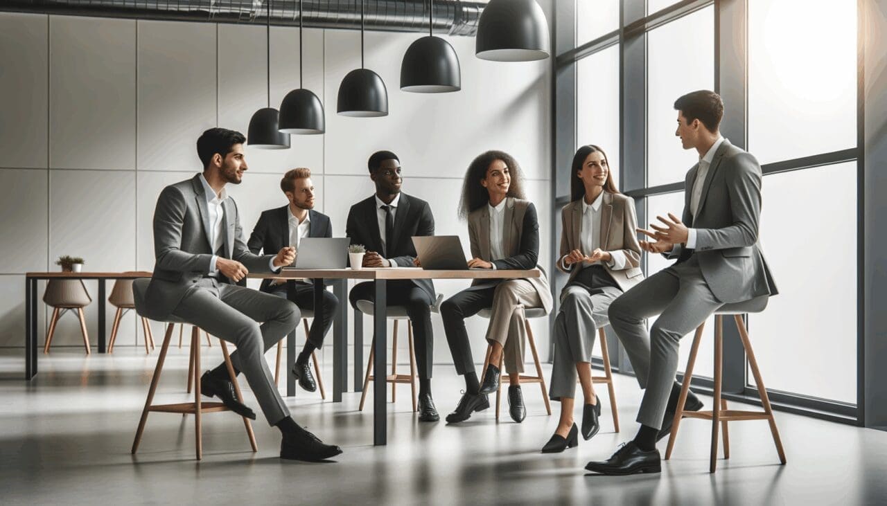 Emprendedores jóvenes discutiendo ideas en un espacio moderno de coworking.