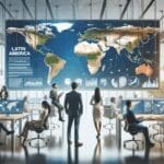 Emprendedores en un espacio de trabajo moderno rodeados de pantallas digitales y mapas de América Latina.