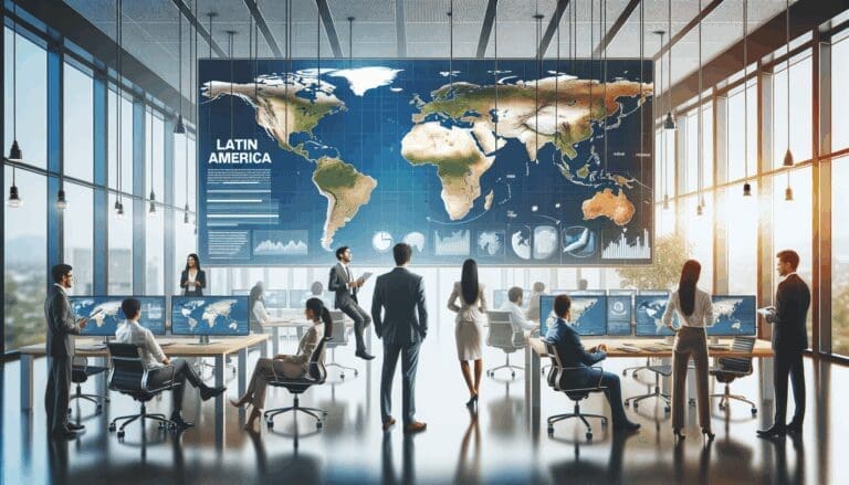 Emprendedores en un espacio de trabajo moderno rodeados de pantallas digitales y mapas de América Latina.