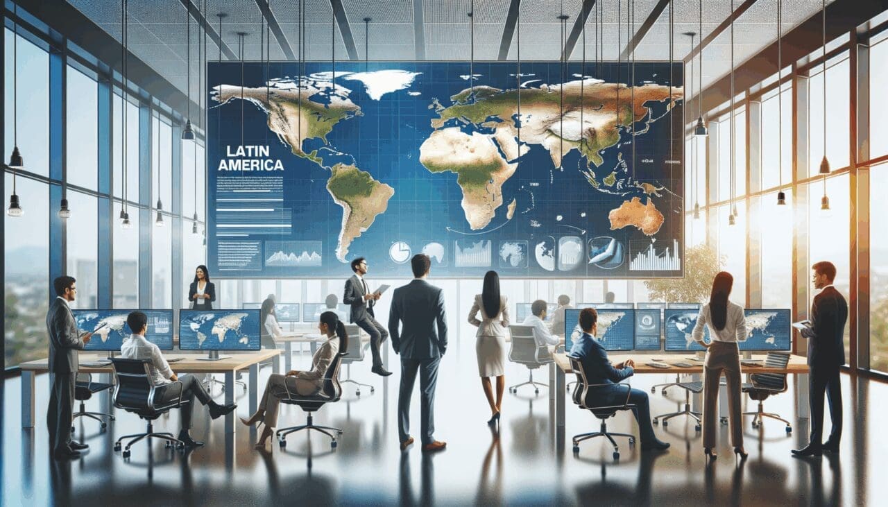 Emprendedores en un espacio de trabajo moderno rodeados de pantallas digitales y mapas de América Latina.