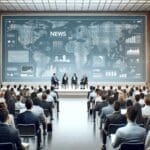 Salón de conferencias lleno de emprendedores interactuando en un ambiente moderno y tecnológico.