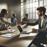 Fotografía de dos personas cerrando un negocio con un apretón de manos en una sala de juntas moderna, laptops y ambiente colaborativo.
