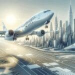 Avión moderno despegando en un aeropuerto internacional con fondo de ciudad sudamericana