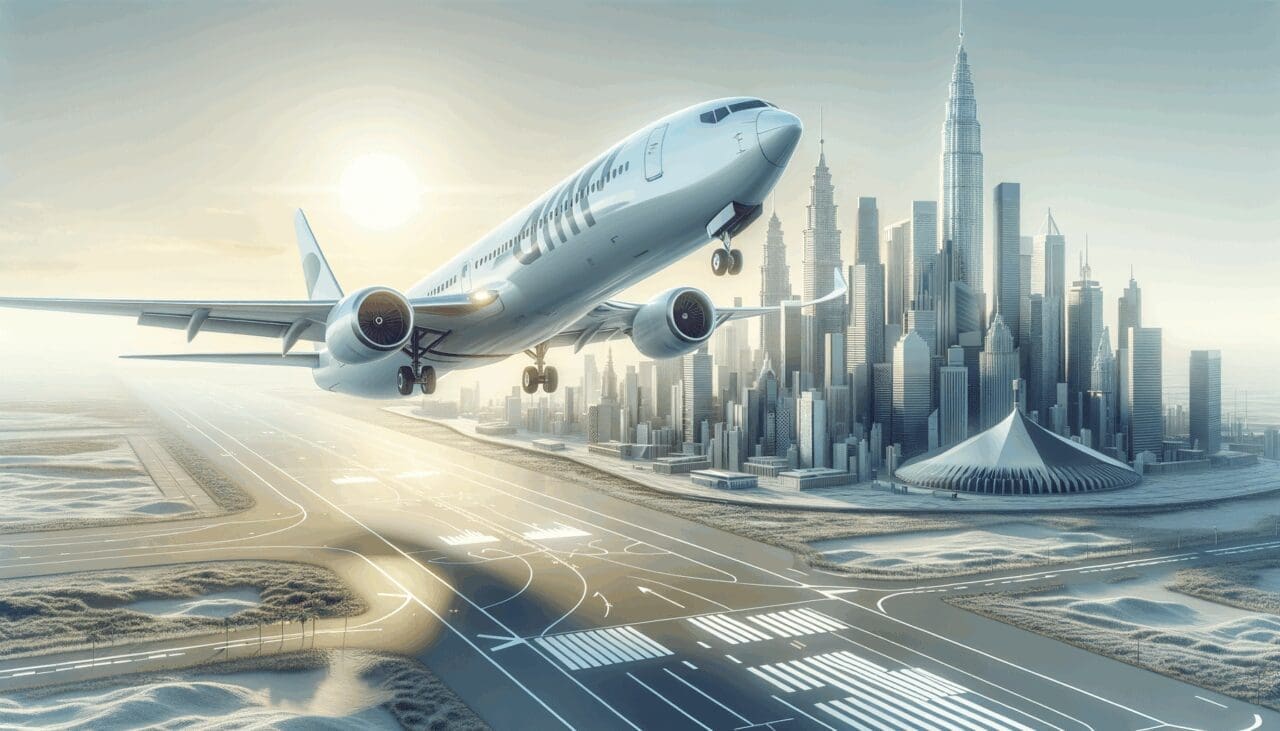 Avión moderno despegando en un aeropuerto internacional con fondo de ciudad sudamericana