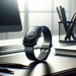 Un moderno dispositivo wearable en una mesa de trabajo tecnológica.