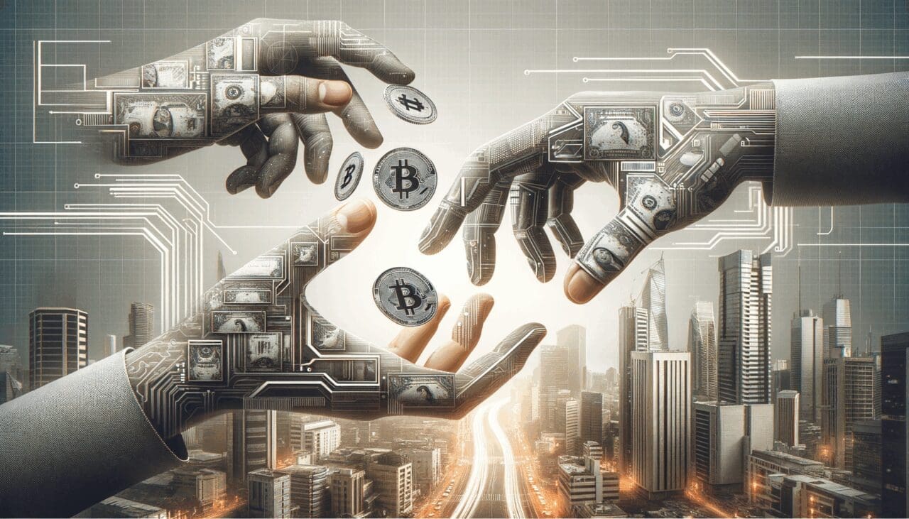 Ilustración conceptual de manos intercambiando dinero digital sobre fondo urbano y tecnológico.
