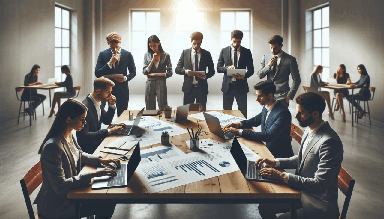 Emprendedores reunidos en una sala de coworking, analizando gráficos en laptops sobre una mesa.