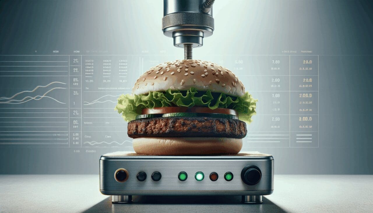 Close-up de una hamburguesa vegana en un entorno moderno y tecnológico