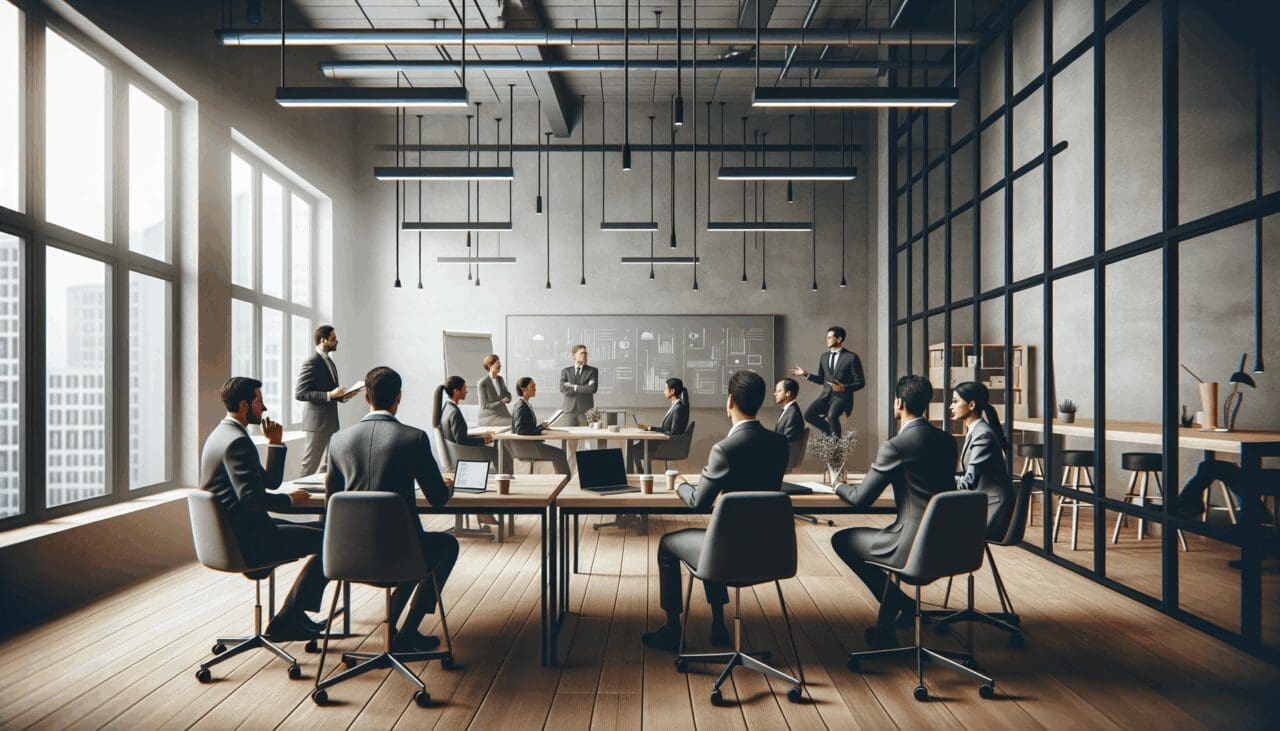 Reunión de emprendedores en un moderno espacio de coworking.