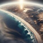 Imagen satelital de una playa extensa, resaltando detalles geográficos y ambientales desde el espacio.