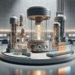 Primer plano de laboratorio tecnológico con tubos de ensayo y reactores de fusión modernos.