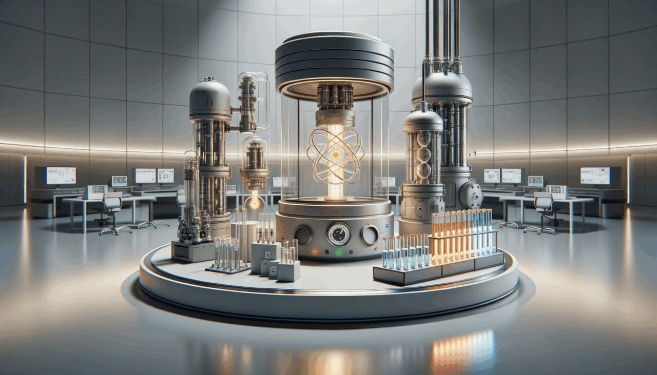 Primer plano de laboratorio tecnológico con tubos de ensayo y reactores de fusión modernos.