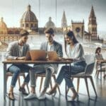 Oficina moderna con jóvenes emprendedores colaborando en laptops, fondo urbano de Córdoba.