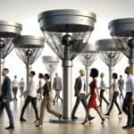 Sistema de radar tecnológico en funcionamiento en un espacio público concurrido, personas caminando entre sensores discretos.