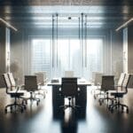 Oficina vacía con sillas y escritorios en luz tenue, transmitiendo pausa o cierre próximo.