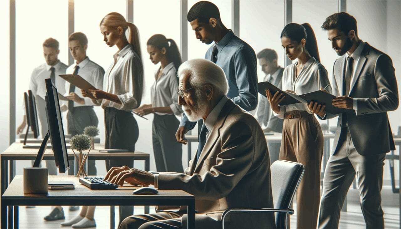 Primer plano de una persona mayor atendiendo una computadora en un entorno moderno de oficina, rodeado de jóvenes emprendedores.