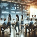 Equipo de jóvenes profesionales colaborando frente a pantallas con gráficos y datos en una oficina moderna.