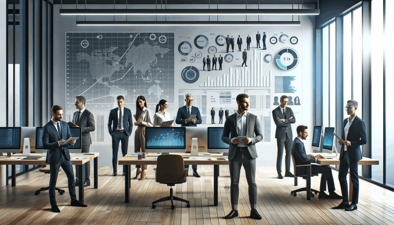 Emprendedores reunidos en un moderno espacio de coworking, rodeados de computadoras y gráficos financieros.