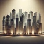 Conjunto de rascacielos modernos iluminados al atardecer