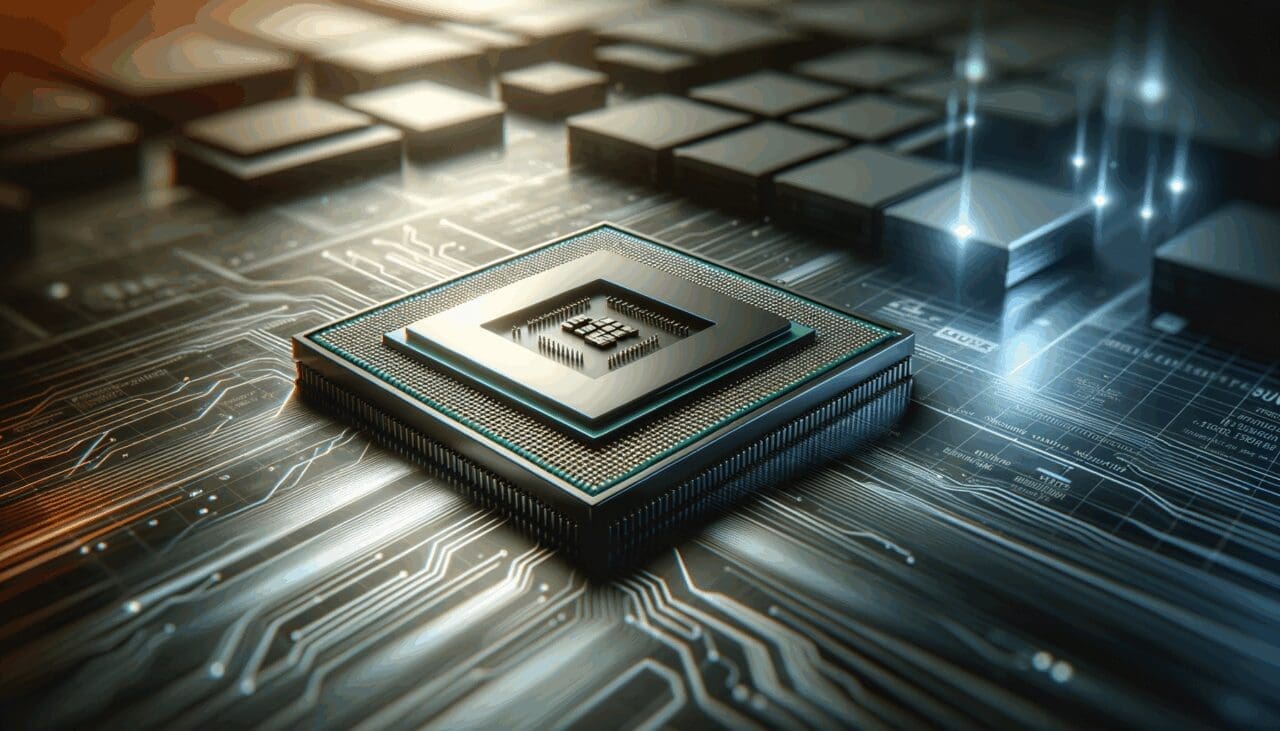 Procesadores de alta tecnología sobre una mesa con un fondo difuminado de datos digitales.