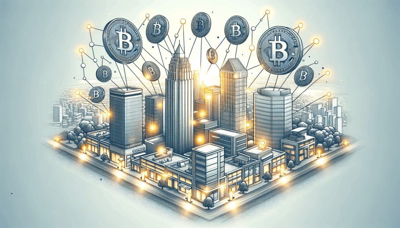 Ilustración moderna de criptomonedas digitales flotando sobre oficinas de startups en una ciudad latinoamericana.