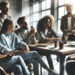 Primer plano de emprendedores colaborando en un espacio de coworking con luz natural y ambiente moderno.