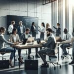 Equipo de emprendedores trabajando juntos en una oficina moderna con laptops y pizarras digitales.