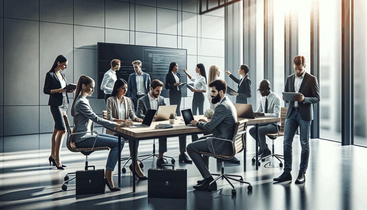 Equipo de emprendedores trabajando juntos en una oficina moderna con laptops y pizarras digitales.