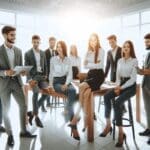 Equipo de jóvenes profesionales colaborando en una oficina moderna y luminosa con ambiente innovador.