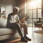 Adulto mayor usando una tablet en su sala de estar, rodeado de luz natural