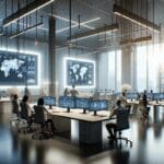 Oficinas de una startup tecnológica con pantallas y ambiente de colaboración.