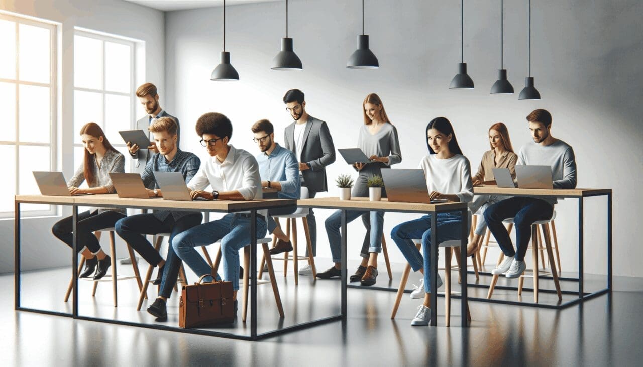 Espacio de coworking moderno con jóvenes emprendedores trabajando en laptops