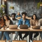 Cinco jóvenes emprendedores trabajando con laptops en un entorno moderno de coworking, rodeados de pizarras y plantas.