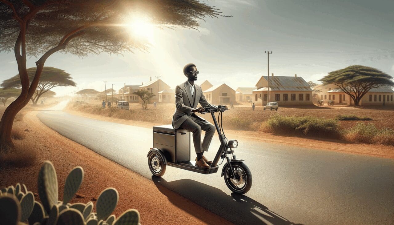 Triciclo eléctrico de diseño moderno circulando en un camino rural africano bajo la luz del sol.