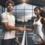 Primer plano de jugadores de pádel saludándose en una pista moderna, fondo desenfocado con ambiente deportivo y tecnológico.