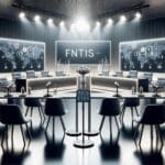 Panel de discusión en un evento fintech con micrófonos y pantallas digitales.