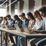 Grupo de jóvenes profesionales usando computadoras portátiles en una oficina moderna y luminosa, ambiente colaborativo.