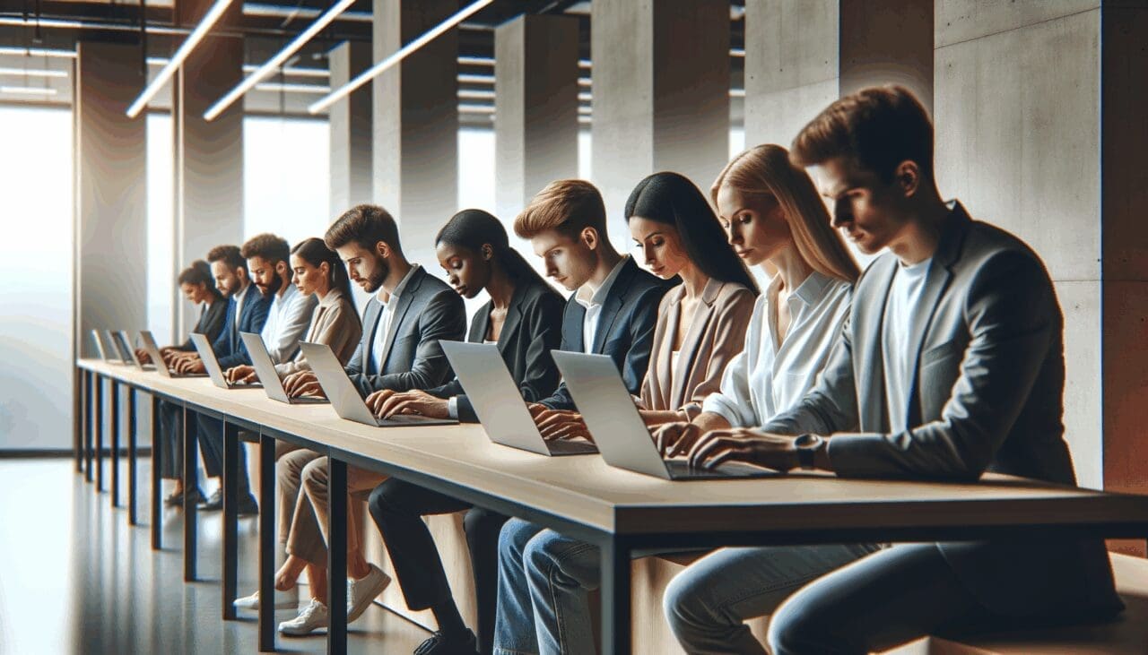 Grupo de jóvenes profesionales usando computadoras portátiles en una oficina moderna y luminosa, ambiente colaborativo.